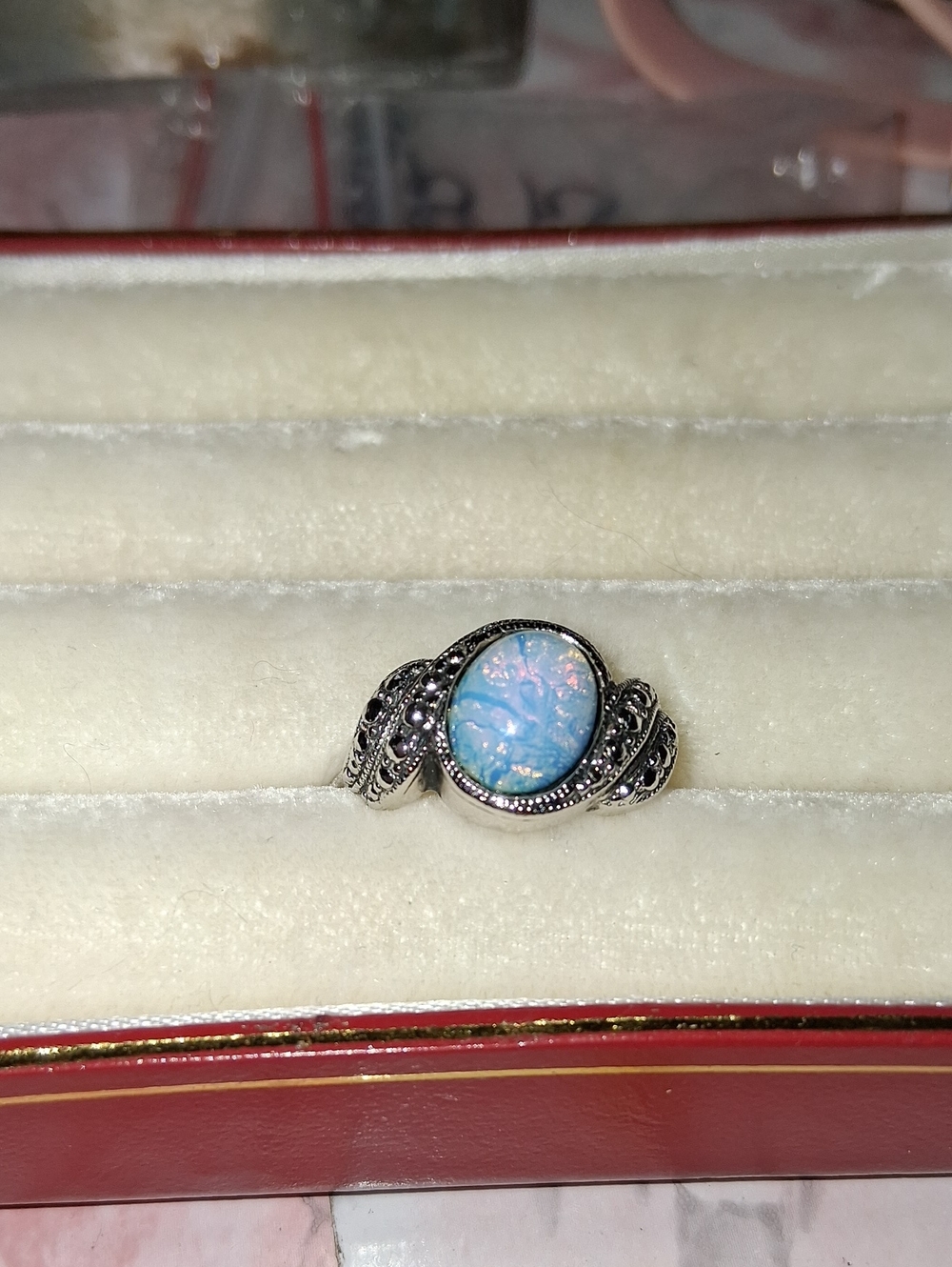 Silver Opal-Effect Blue Stone Vintage-Style Ring